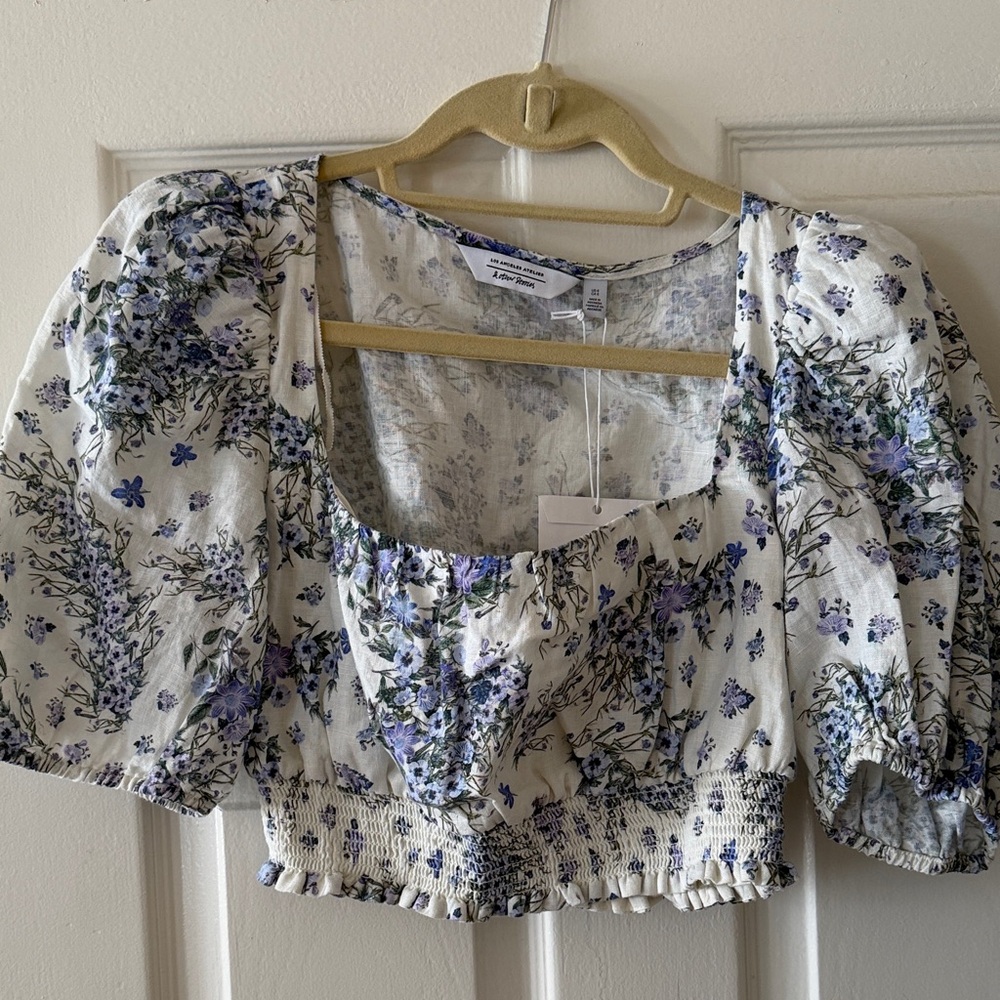 Floral Puff Sleeve Blouse - White and Purple